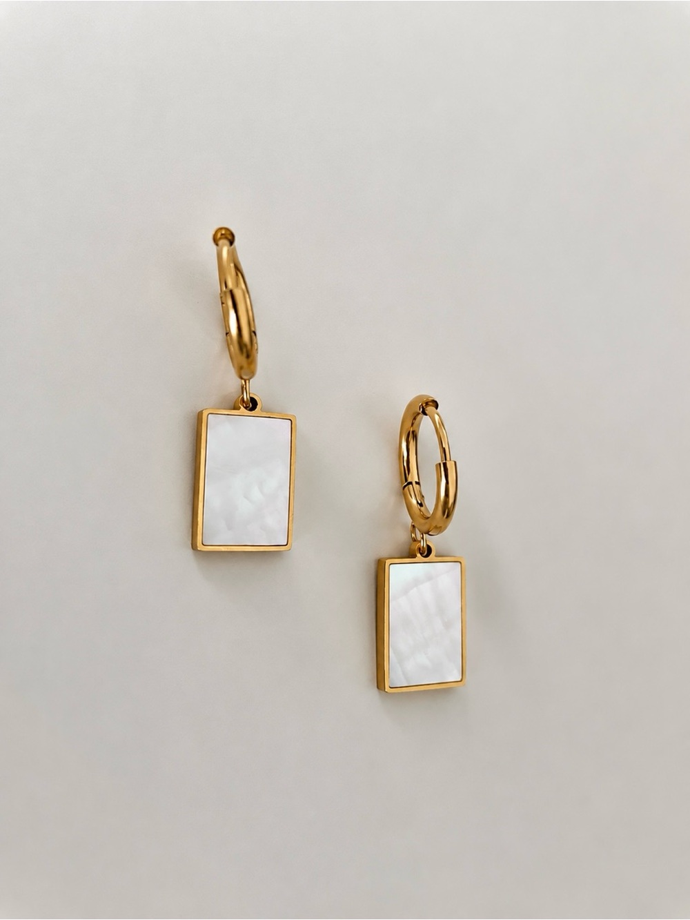 Gold and White Rectangular Mother-of-Pearl Drop Hoop Earrings